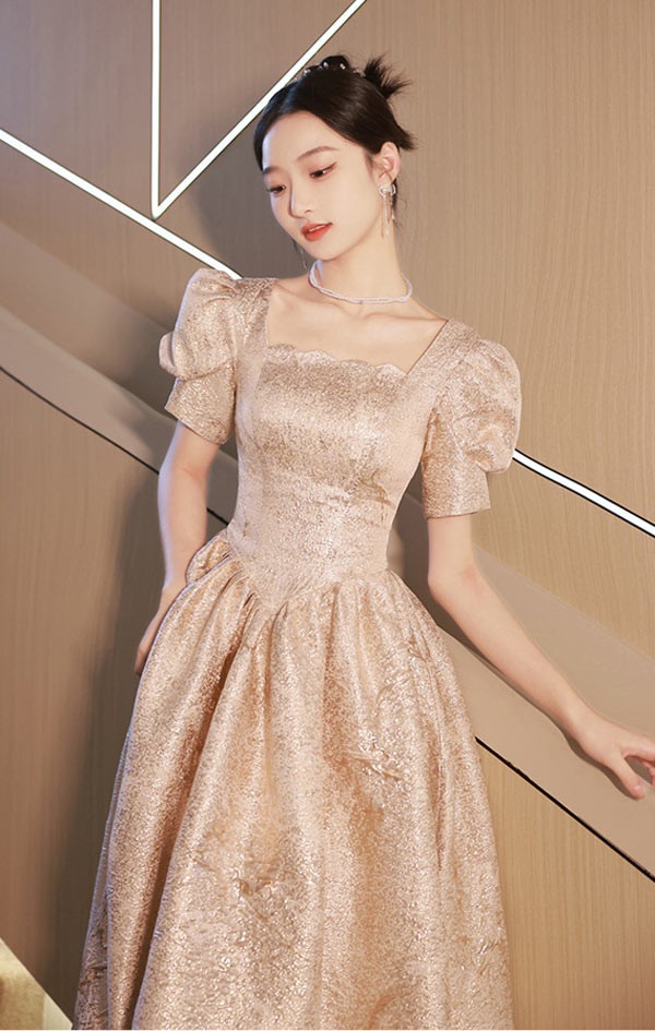 ドレス 大人 ピアノ発表会 バブルスリーブ ドレス 演奏会 ミモレ丈 ロング丈 結婚式 半袖 大きいサイズ パーティードレス ロングドレス 袖あり ファスナー お呼ばれ 20代 30代 フォーマルドレス_1