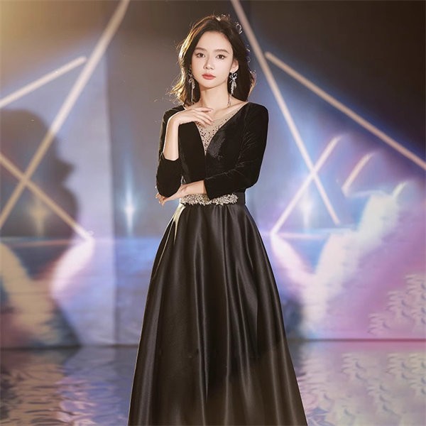 ドレス 大人 ピアノ発表会 ドレス 演奏会 ロング丈 結婚式 パーティードレス ロングドレス 編み上げ お呼ばれ 袖あり 高級感 上品 ステージドレス 二次会 20代 30代 きれいめ ブラック_1