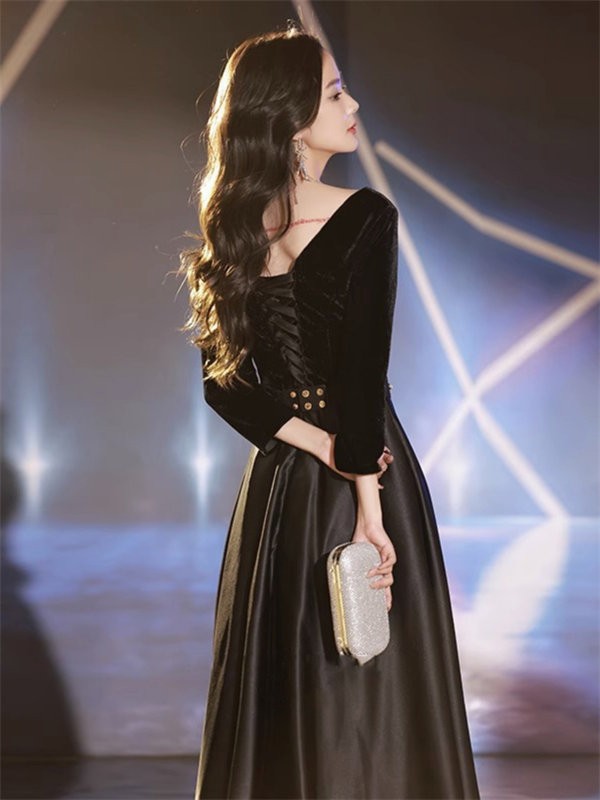 ドレス 大人 ピアノ発表会 ドレス 演奏会 ロング丈 結婚式 パーティードレス ロングドレス 編み上げ お呼ばれ 袖あり 高級感 上品 ステージドレス 二次会 20代 30代 きれいめ ブラック_2