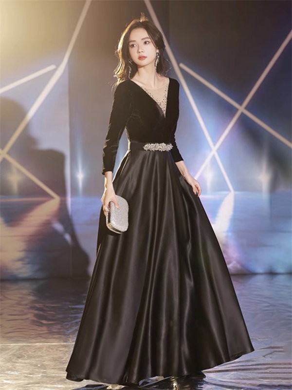 ドレス 大人 ピアノ発表会 ドレス 演奏会 ロング丈 結婚式 パーティードレス ロングドレス 編み上げ お呼ばれ 袖あり 高級感 上品 ステージドレス 二次会 20代 30代 きれいめ ブラック_3