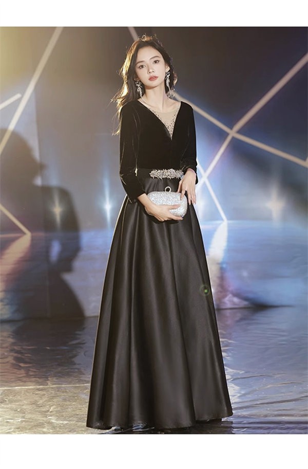 ドレス 大人 ピアノ発表会 ドレス 演奏会 ロング丈 結婚式 パーティードレス ロングドレス 編み上げ お呼ばれ 袖あり 高級感 上品 ステージドレス 二次会 20代 30代 きれいめ ブラック_4