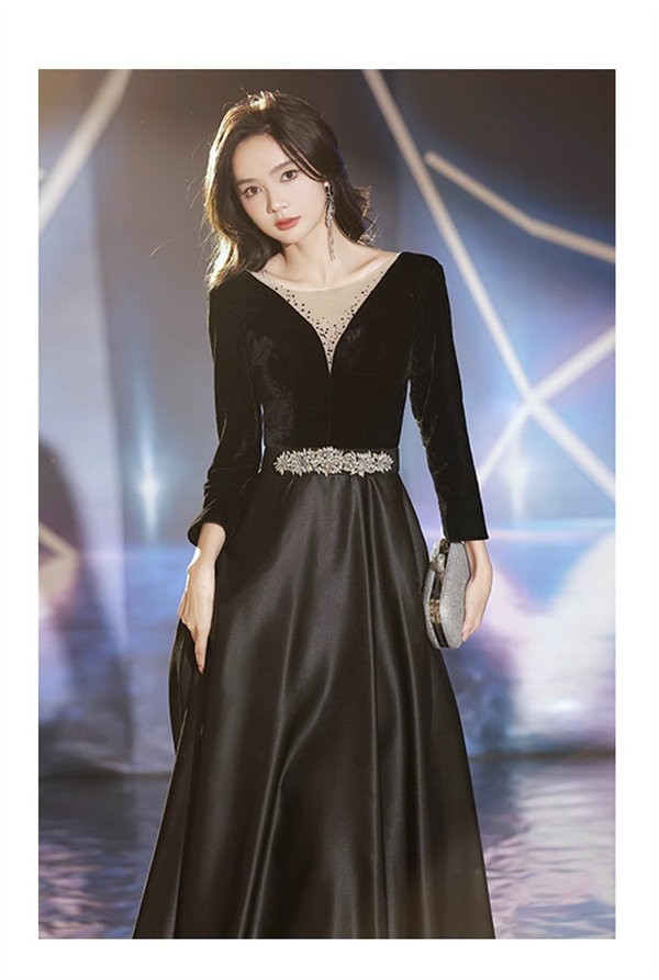 ドレス 大人 ピアノ発表会 ドレス 演奏会 ロング丈 結婚式 パーティードレス ロングドレス 編み上げ お呼ばれ 袖あり 高級感 上品 ステージドレス 二次会 20代 30代 きれいめ ブラック_5