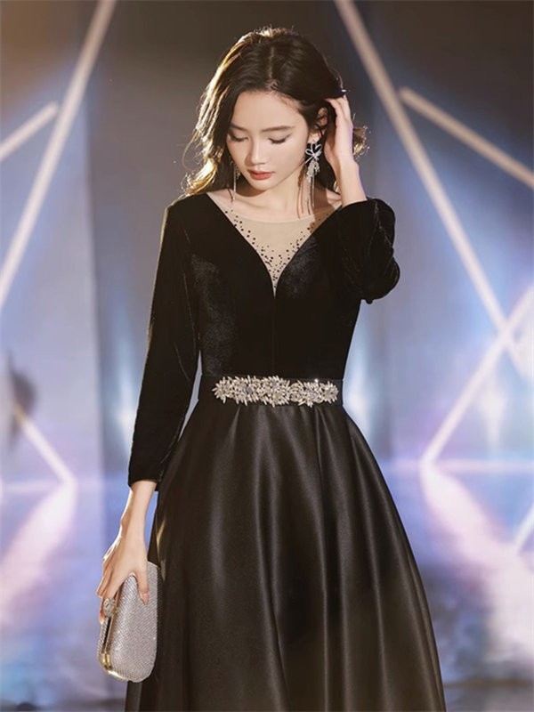 ドレス 大人 ピアノ発表会 ドレス 演奏会 ロング丈 結婚式 パーティードレス ロングドレス 編み上げ お呼ばれ 袖あり 高級感 上品 ステージドレス 二次会 20代 30代 きれいめ ブラック_6