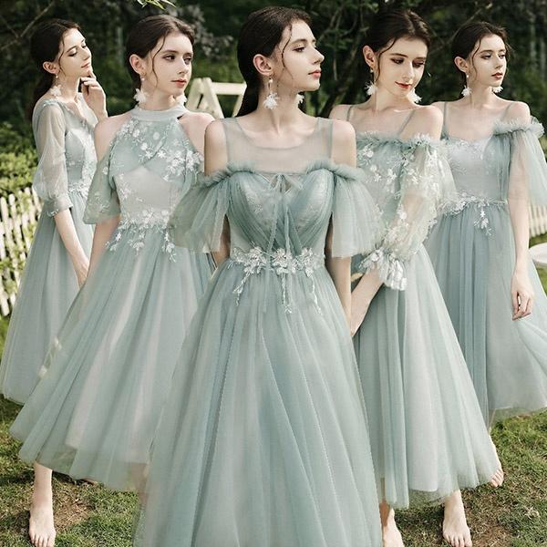 ブライズメイド ドレス ミモレ丈  半締め上げ 肩出し 結婚式 体型カバー 袖付き オフショルダー Ｖネック  謝恩会 卒業式 花嫁 ピアノ 発表会の通販は 5,080円