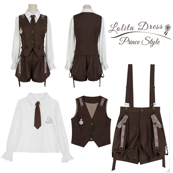 Gothic Lolita Prince Lolita 王子装 王子系 少年装 王子風ロリータ ゴスロリ服 探偵服 サブカル系 レトロ 可愛い 男女兼用  三点セット チョッキ オーバーオール サロペットパンツ サスペンダーパンツ_9