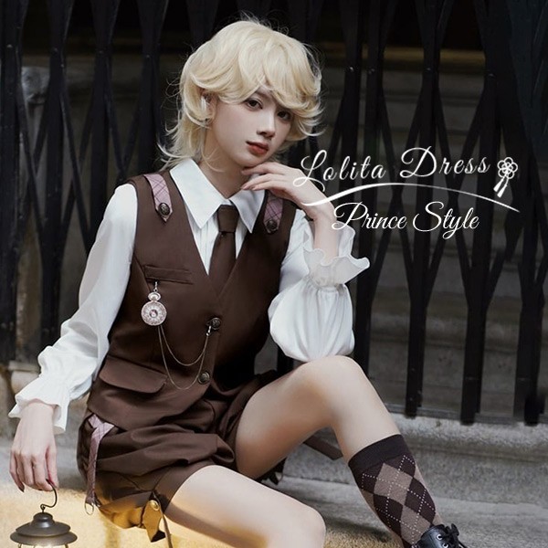 Gothic Lolita Prince Lolita 王子装 王子系 少年装 王子風ロリータ ゴスロリ服 探偵服 サブカル系 レトロ 可愛い 男女兼用  三点セット チョッキ オーバーオール サロペットパンツ サスペンダーパンツ_5