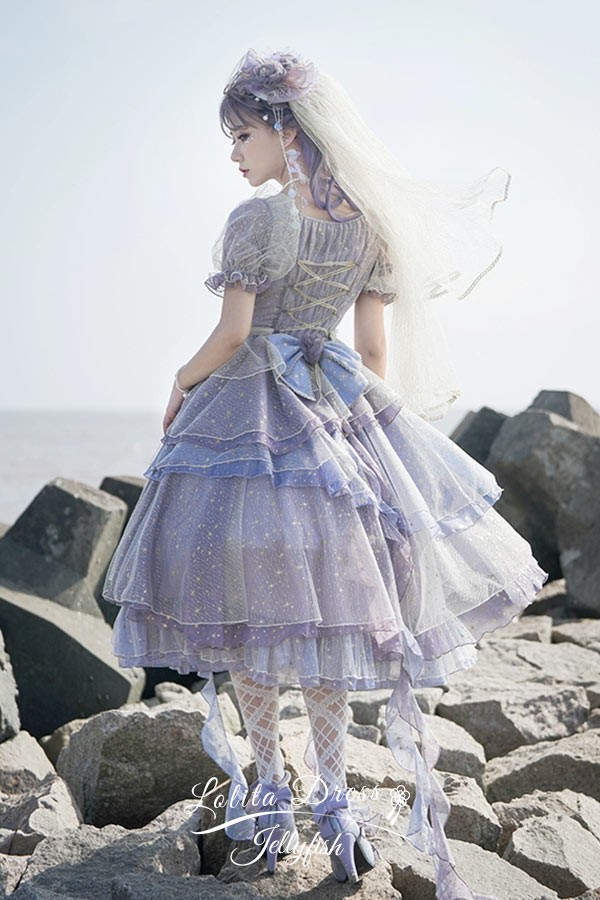 Lolita OP ELF ロリータ エルフ 精霊風 クラゲ 深海の少女 お姫様キラキラ 雲のように プリンセス リボン本 シアー レースエッジ Aライン ハイウエスト 着?せ 撮影着 可愛い ワンピース