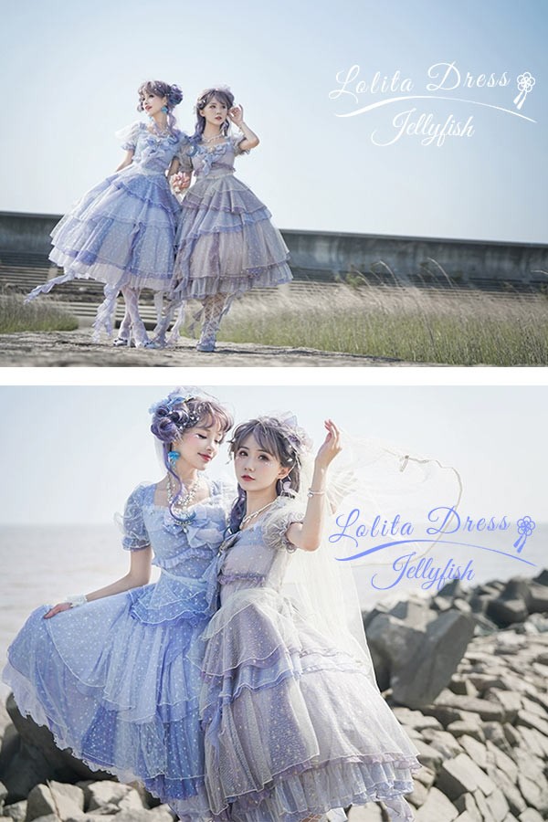 Lolita OP ELF ロリータ エルフ 精霊風 クラゲ 深海の少女 お姫様キラキラ 雲のように プリンセス リボン本 シアー レースエッジ Aライン ハイウエスト 着?せ 撮影着 可愛い ワンピース