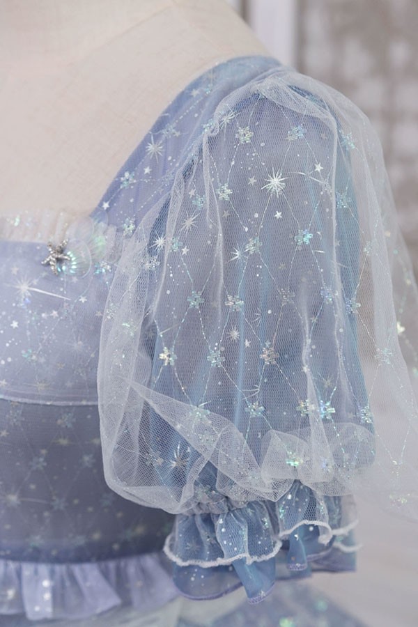 Lolita OP ELF ロリータ エルフ 精霊風 クラゲ 深海の少女 お姫様キラキラ 雲のように プリンセス リボン本 シアー レースエッジ Aライン ハイウエスト 着?せ 撮影着 可愛い ワンピース