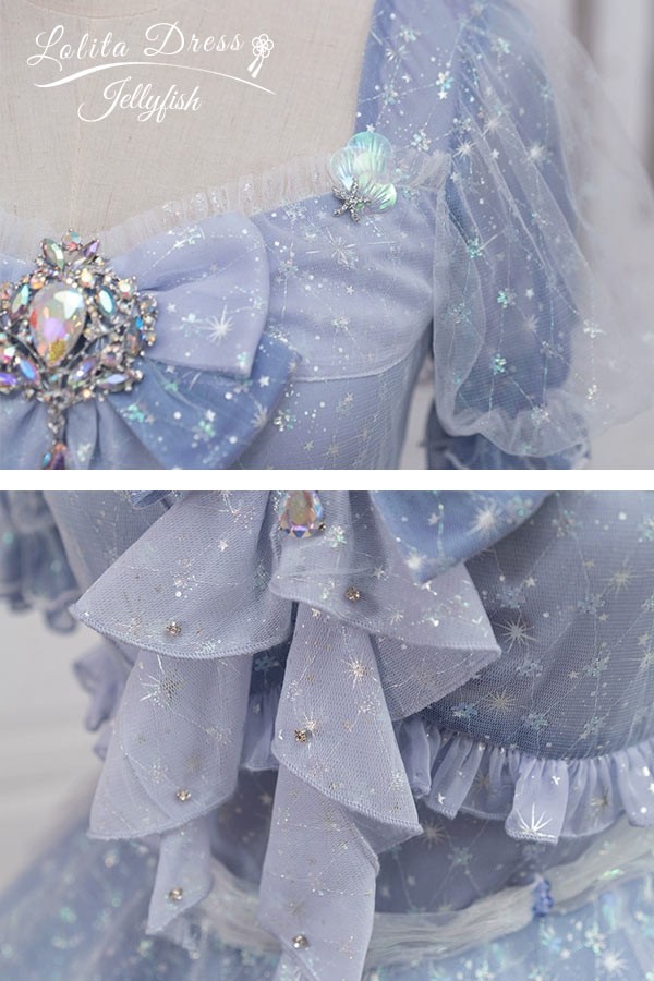 Lolita OP ELF ロリータ エルフ 精霊風 クラゲ 深海の少女 お姫様キラキラ 雲のように プリンセス リボン本 シアー レースエッジ Aライン ハイウエスト 着?せ 撮影着 可愛い ワンピース