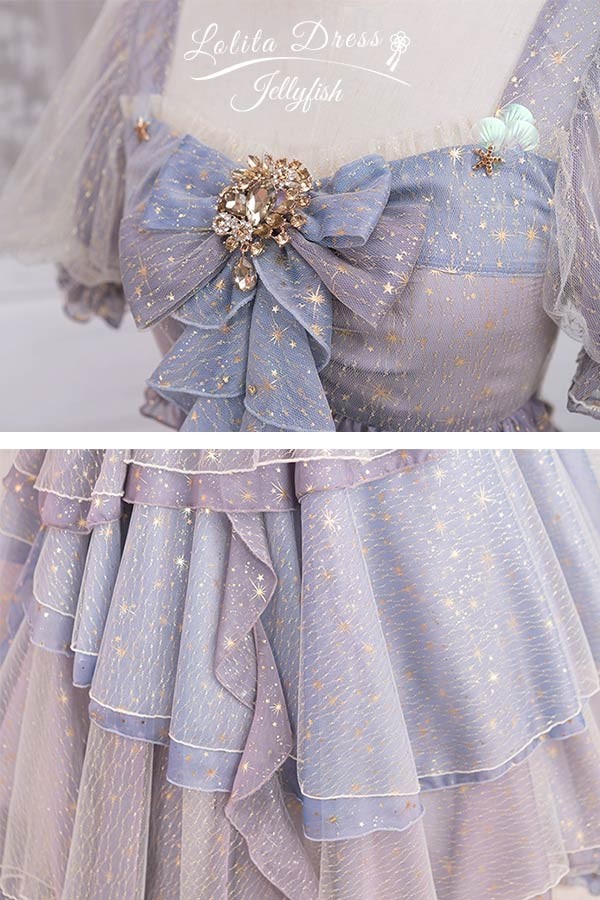 Lolita OP ELF ロリータ エルフ 精霊風 クラゲ 深海の少女 お姫様キラキラ 雲のように プリンセス リボン本 シアー レースエッジ Aライン ハイウエスト 着?せ 撮影着 可愛い ワンピース