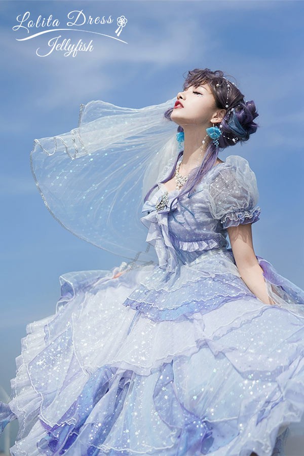 Lolita OP ELF ロリータ エルフ 精霊風 クラゲ 深海の少女 お姫様キラキラ 雲のように プリンセス リボン本 シアー レースエッジ Aライン ハイウエスト 着?せ 撮影着 可愛い ワンピース
