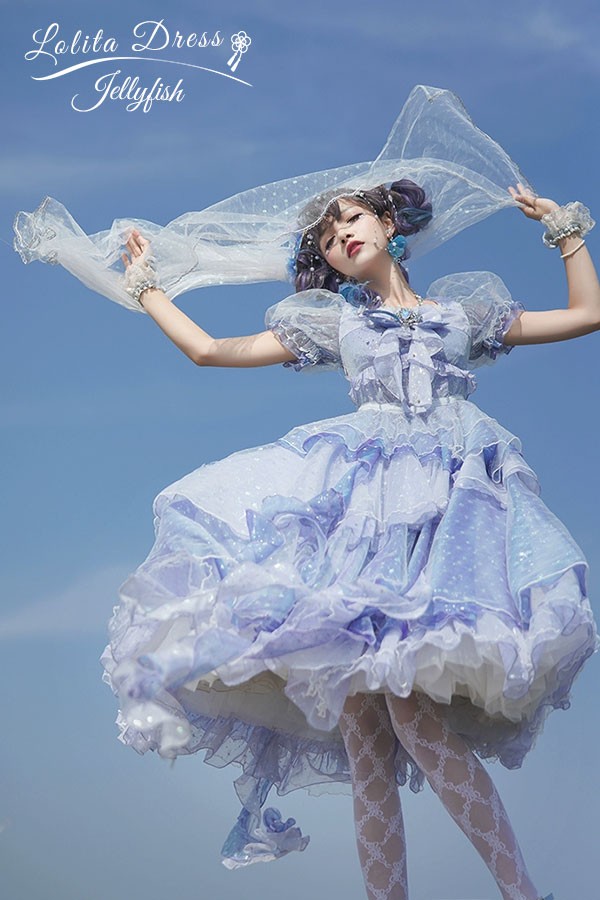 Lolita OP ELF ロリータ エルフ 精霊風 クラゲ 深海の少女 お姫様キラキラ 雲のように プリンセス リボン本 シアー レースエッジ Aライン ハイウエスト 着?せ 撮影着 可愛い ワンピース
