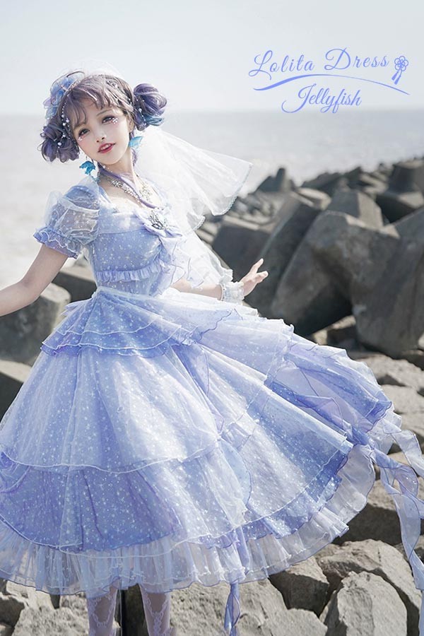 Lolita OP ELF ロリータ エルフ 精霊風 クラゲ 深海の少女 お姫様キラキラ 雲のように プリンセス リボン本 シアー レースエッジ Aライン ハイウエスト 着?せ 撮影着 可愛い ワンピース
