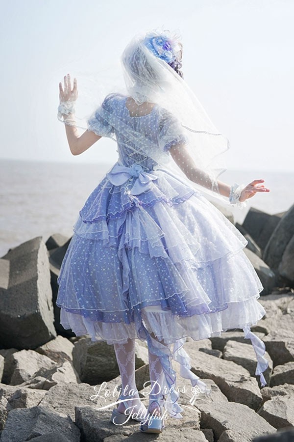 Lolita OP ELF ロリータ エルフ 精霊風 クラゲ 深海の少女 お姫様キラキラ 雲のように プリンセス リボン本 シアー レースエッジ Aライン ハイウエスト 着?せ 撮影着 可愛い ワンピース