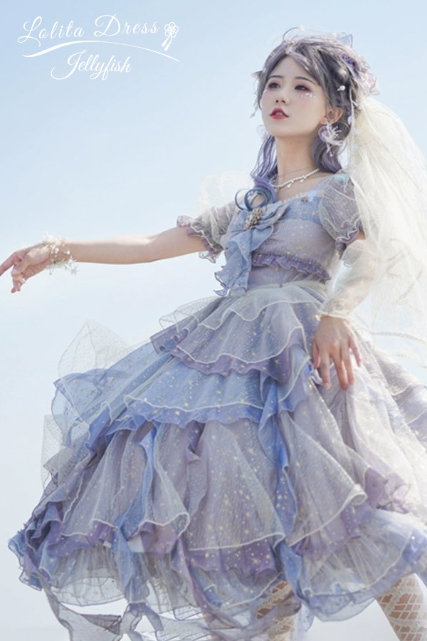 Lolita OP ELF ロリータ エルフ 精霊風 クラゲ 深海の少女 お姫様キラキラ 雲のように プリンセス リボン本 シアー レースエッジ Aライン ハイウエスト 着?せ 撮影着 可愛い ワンピース