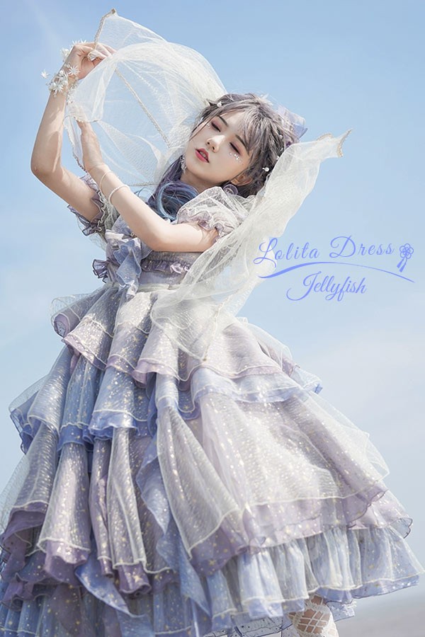 Lolita OP ELF ロリータ エルフ 精霊風 クラゲ 深海の少女 お姫様キラキラ 雲のように プリンセス リボン本 シアー レースエッジ Aライン ハイウエスト 着?せ 撮影着 可愛い ワンピース