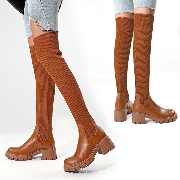 ロングブーツ ブーツ レディース PU 着痩せ効果 太いヒール 厚底 美脚
