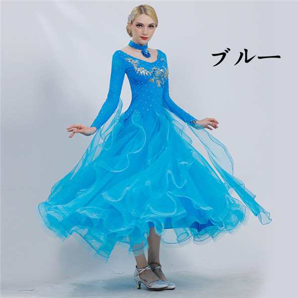 社交ダンス衣装　ラテンワンピースドレス　ブルー S M L　豪華