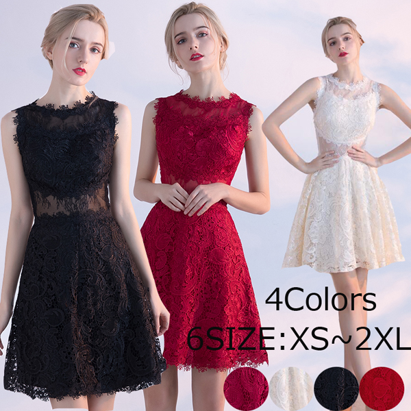 【送料無料】4カラー パーティードレス レディース ワンピース 結婚式 花嫁 レースドレス 成人式 二次会 ブライドメイド 舞踏会 演奏会 上品 赤 黒 小さいサイズ