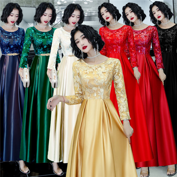 【送料無料】7カラー パーティードレス ロング丈 袖あり 発表会 成人式 結婚式 黒ドレス ロングドレス XS S M L XL 2XL 3XL  レディース ワンピース 花嫁 レースドレス 二次会 フォーマルドレス 大人 ピアノ発表会