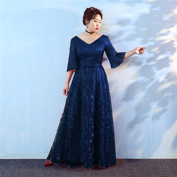 ロングドレス Vネック パーティードレス ロング丈 袖あり 大きいサイズ