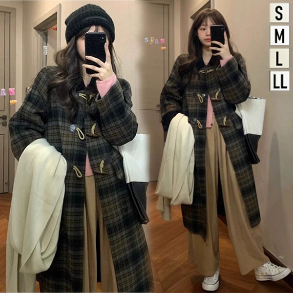 ダッフルコート ステンカラーコート チェック柄 レディース ロング丈 ロングコート 女性 ダッフル コート トップス アウター 定番 おしゃれ ゆったり 秋冬 防風 防寒 厚手 学生 女の子 女子 軽い スクールコート カジュアル 通勤 通学 暖かい
