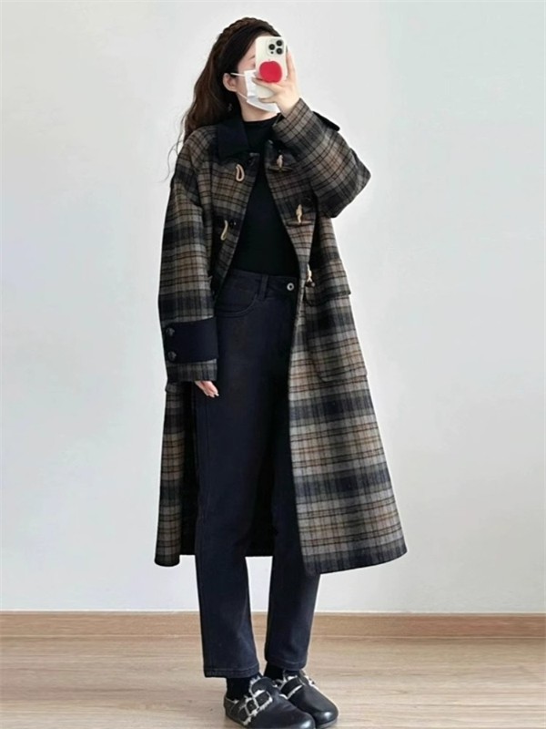ダッフルコート ステンカラーコート チェック柄 レディース ロング丈 ロングコート 女性 ダッフル コート トップス アウター 定番 おしゃれ ゆったり 秋冬 防風 防寒 厚手 学生 女の子 女子 軽い スクールコート カジュアル 通勤 通学 暖かい ダッフルコート ステンカラーコート チェック柄 レディース ロング丈