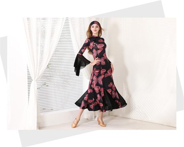 社交ダンス ドレス チャイナ風 モダンドレス ブラック 蝶柄 社交ダンス