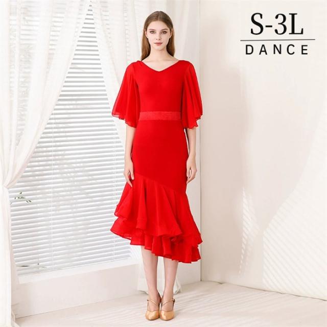 社交ダンス ドレス フリル ミモレ丈 モダンドレス 赤 レッド 社交ダンス衣装 モダン スタンダード ワルツ ラテン チャチャチャ ルンバ サンバ ワンピース 無地 ダンス衣装 ステージ衣装 パーティー 発表会 競技用 コンクール 練習着 レッスン 舞台用 演奏会