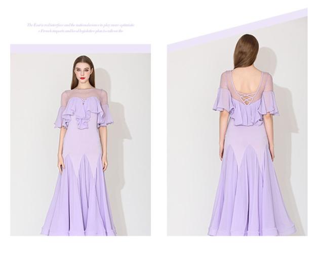 社交ダンス ドレス 透け感 ロングドレス フリル パープル 紫 水色