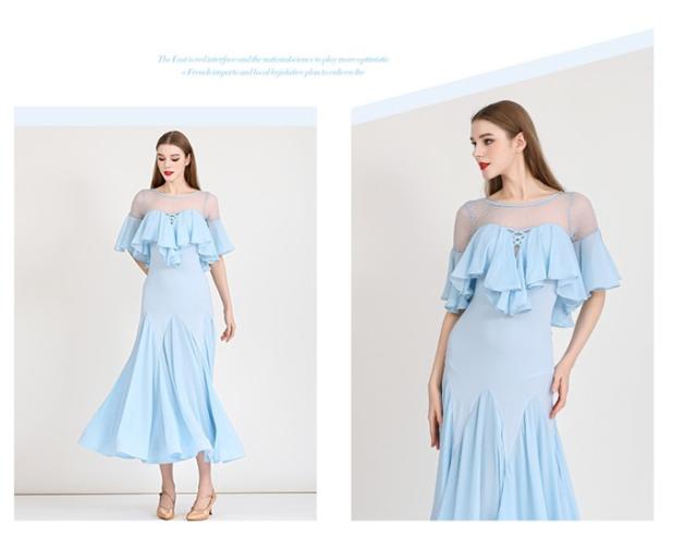 社交ダンス ドレス 透け感 ロングドレス フリル パープル 紫 水色