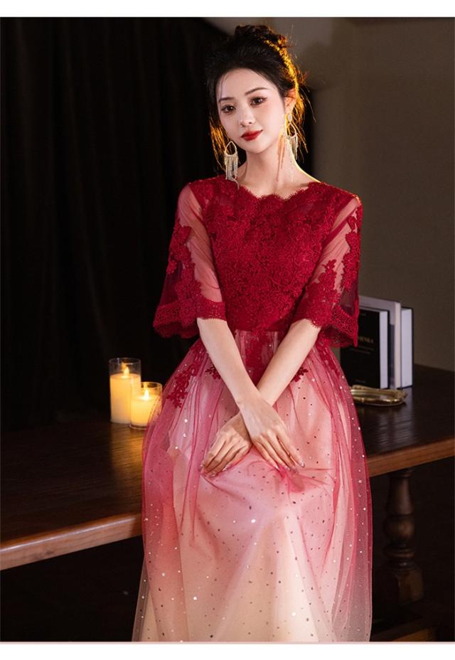 パーティードレス ロング丈 レース 演奏会 ドレス ワインレッド 袖有り 体型カバー 成人式 同窓会 大人 ピアノ発表会 Aライン 結婚式 ステージドレス 二次会 忘年会 ロングドレス ワンピース 上品_1
