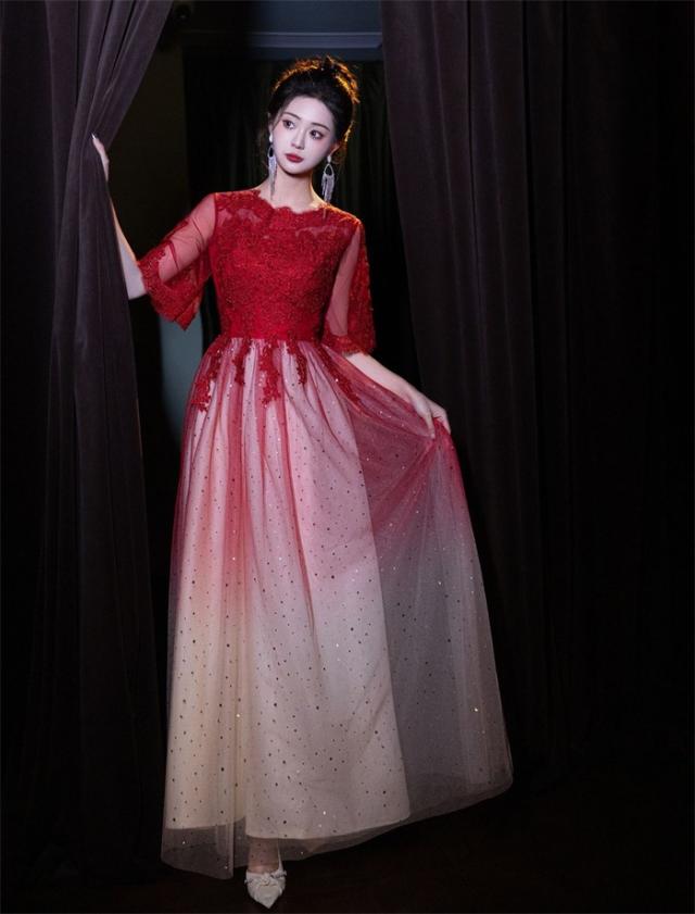 パーティードレス ロング丈 レース 演奏会 ドレス ワインレッド 袖有り 体型カバー 成人式 同窓会 大人 ピアノ発表会 Aライン 結婚式 ステージドレス 二次会 忘年会 ロングドレス ワンピース 上品_5