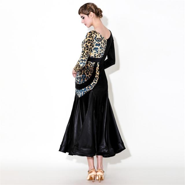 社交ダンス用ドレス 黒 レオパード柄 社交ダンス ドレス ロングドレス モダンドレス ヒョウ柄 ブラック 黒