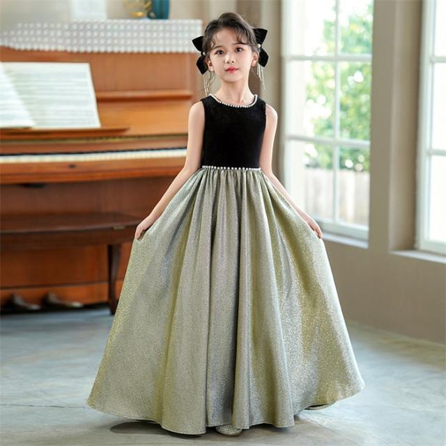 ピアノ発表会 ドレス 子供 女の子 ブラック グリーン 発表会ドレス ノースリーブ 子ども ワンピース お祝い日 演奏会 音楽会 フォーマル 誕生日 撮影 パーティー ジュニア キッズ ロングドレス ロング_2