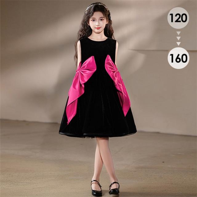 ピアノ発表会 ドレス 子供 女の子 ブラック 黒 リボン ショート丈 発表会ドレス ノースリーブ 子ども ワンピース お祝い日 演奏会 音楽会 フォーマル 誕生日 撮影 パーティー ジュニア キッズ 可愛い