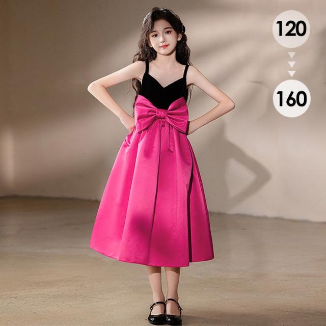 ピアノ発表会 ドレス 子供 女の子 レッド リボン ミモレ丈 発表会ドレス キャミソール ノースリーブ 子ども ワンピース お祝い日 演奏会 音楽会 フォーマル 誕生日 撮影 パーティー ジュニア キッズ 可愛い