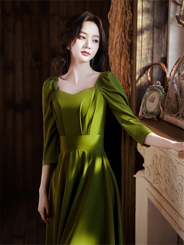 ドレス グリーン 大人 ピアノ 発表会 ミモレ丈ドレス ワインレッド