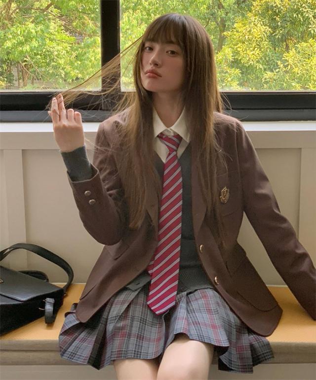 入学式 スーツ レディース 卒業式 制服風 ジャケット プリーツスカート 上下セット ブレザー チェック柄 学生風 通学 コスプレ 衣装 式典 発表会 写真撮影 S M L LL 3L ブラウン_1