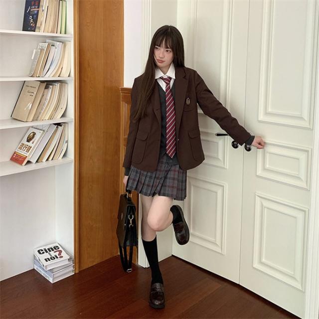 入学式 スーツ レディース 卒業式 制服風 ジャケット プリーツスカート 上下セット ブレザー チェック柄 学生風 通学 コスプレ 衣装 式典 発表会 写真撮影 S M L LL 3L ブラウン_4