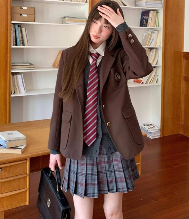 入学式 スーツ レディース 卒業式 制服風 ジャケット プリーツスカート 上下セット ブレザー チェック柄 学生風 通学 コスプレ 衣装 式典 発表会 写真撮影 S M L LL 3L ブラウン_6