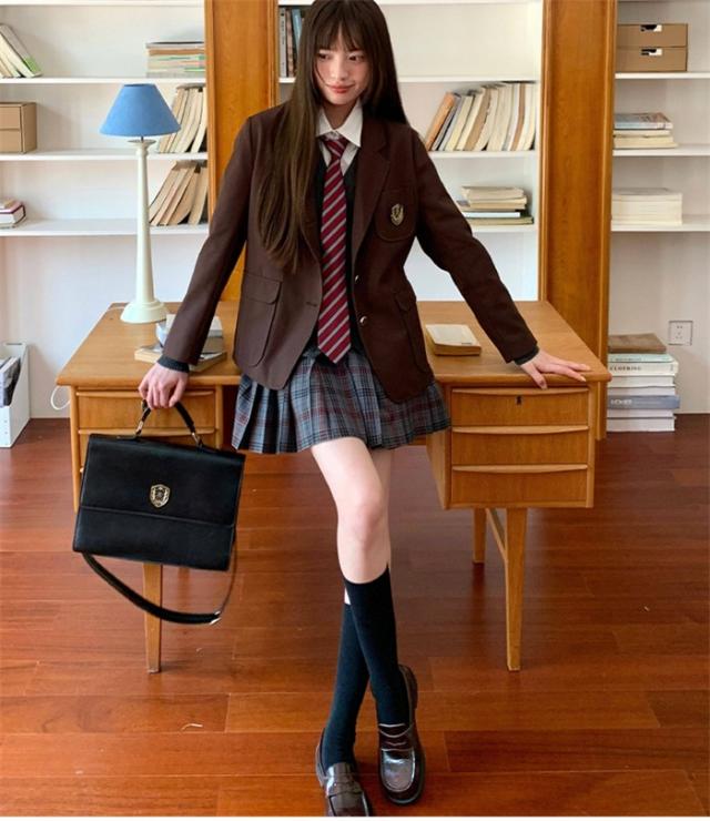 入学式 スーツ レディース 卒業式 制服風 ジャケット プリーツスカート 上下セット ブレザー チェック柄 学生風 通学 コスプレ 衣装 式典 発表会 写真撮影 S M L LL 3L ブラウン_7