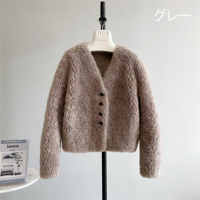 【全5色／S〜L】ボアジャケット レディース ウール 秋冬 もこもこ vネック ショートコート フェイクファー アウター ゆったり 大人かわいい 韓国風 あったか 冬アウター 20代 30代 40代 女性 体型カバー 秋アウター_10