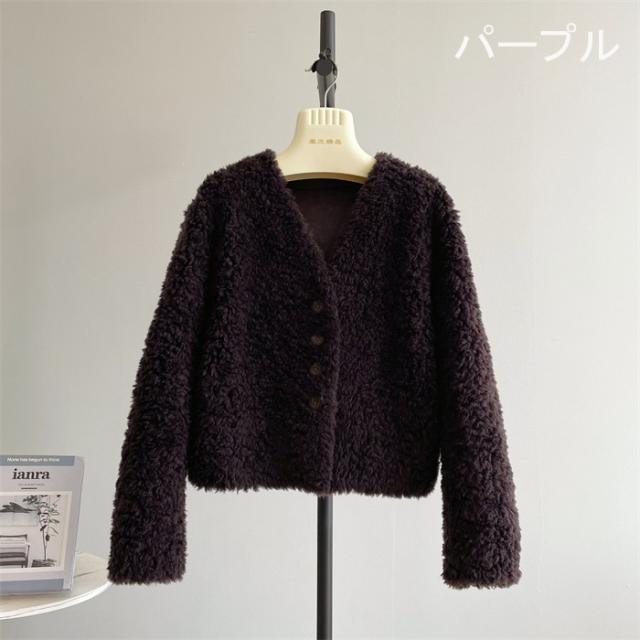 【全5色／S〜L】ボアジャケット レディース ウール 秋冬 もこもこ vネック ショートコート フェイクファー アウター ゆったり 大人かわいい 韓国風 あったか 冬アウター 20代 30代 40代 女性 体型カバー 秋アウター_12