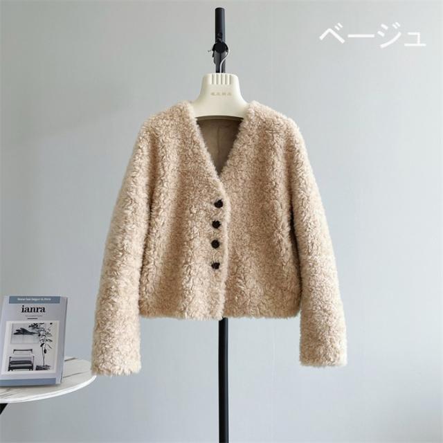 【全5色／S〜L】ボアジャケット レディース ウール 秋冬 もこもこ vネック ショートコート フェイクファー アウター ゆったり 大人かわいい 韓国風 あったか 冬アウター 20代 30代 40代 女性 体型カバー 秋アウター_14