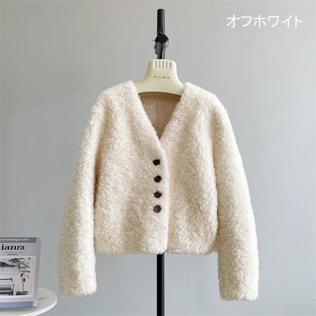 【全5色／S〜L】ボアジャケット レディース ウール 秋冬 もこもこ vネック ショートコート フェイクファー アウター ゆったり 大人かわいい 韓国風 あったか 冬アウター 20代 30代 40代 女性 体型カバー 秋アウター_4