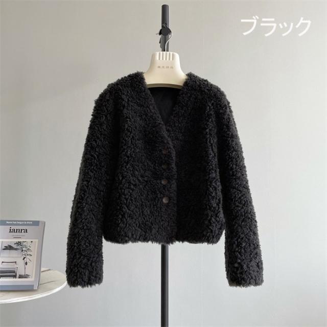 【全5色／S〜L】ボアジャケット レディース ウール 秋冬 もこもこ vネック ショートコート フェイクファー アウター ゆったり 大人かわいい 韓国風 あったか 冬アウター 20代 30代 40代 女性 体型カバー 秋アウター_7
