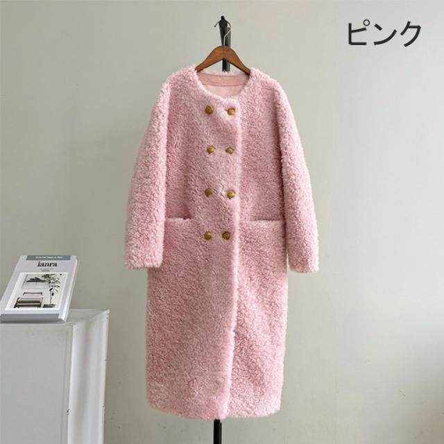 ボアコート レディース ロング丈 ウール 冬 アウター 秋冬 もこもこ 可愛い 大人女子 韓国 きれいめ シンプル 上品 ダブルボタン 防寒 ふわふわ トレンド 通勤 体型カバー おしゃれ 長袖 ポケット付き ブラック ホワイト グレー ブラウン ピンク ベージュ_9