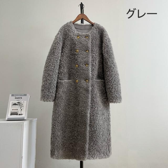 ボアコート レディース ロング丈 ウール 冬 アウター 秋冬 もこもこ 可愛い 大人女子 韓国 きれいめ シンプル 上品 ダブルボタン 防寒 ふわふわ トレンド 通勤 体型カバー おしゃれ 長袖 ポケット付き ブラック ホワイト グレー ブラウン ピンク ベージュ_11